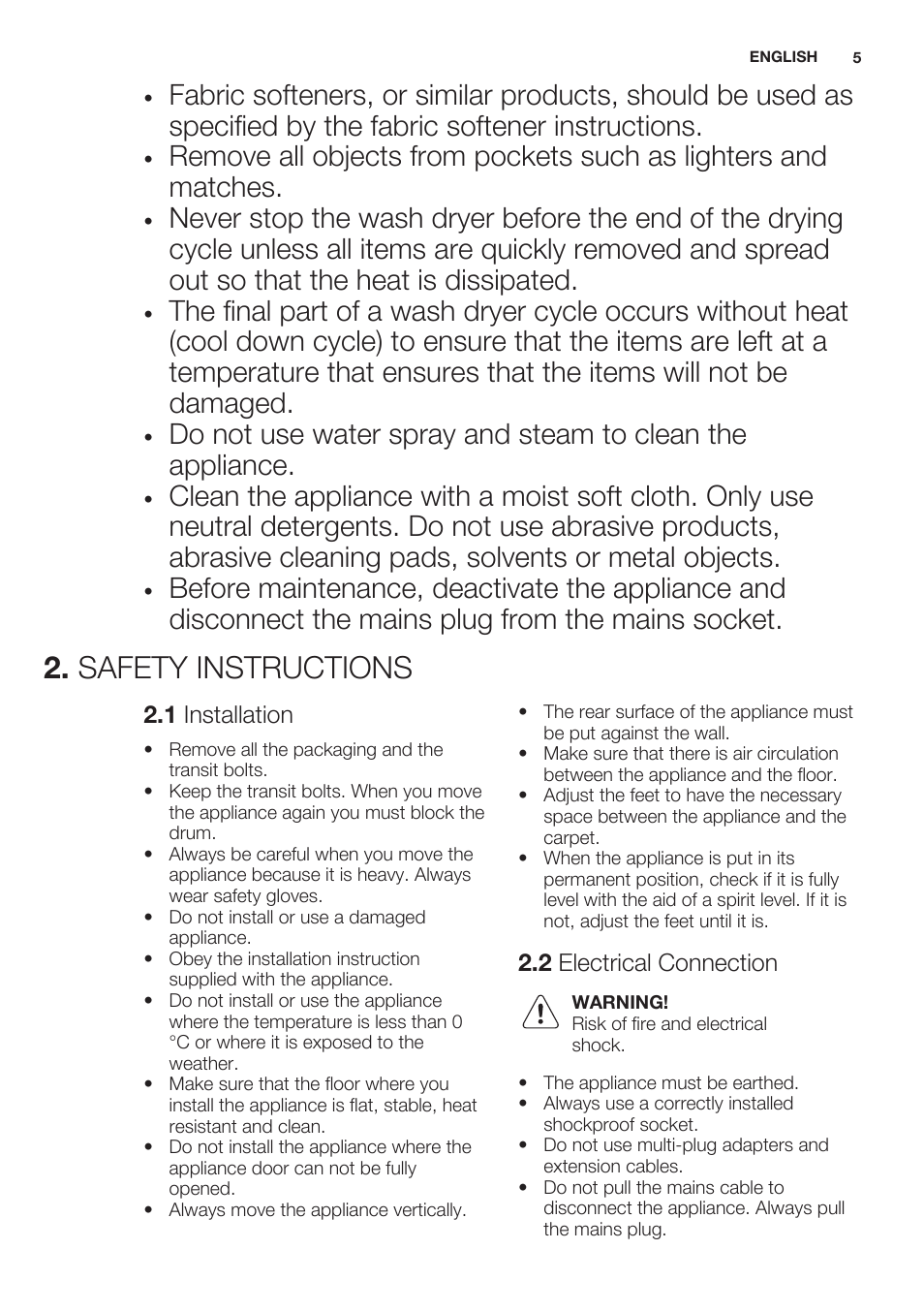 Safety instructions, 1 installation, 2 electrical connection | Electrolux EWW1486HDW User Manual | Page 5 / 64