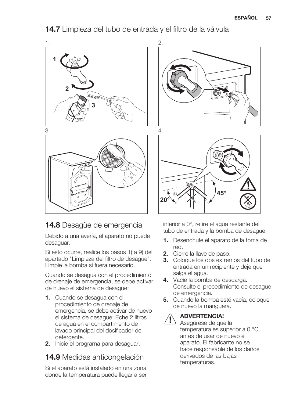 8 desagüe de emergencia, 9 medidas anticongelación | Electrolux EWW1486HDW User Manual | Page 57 / 64