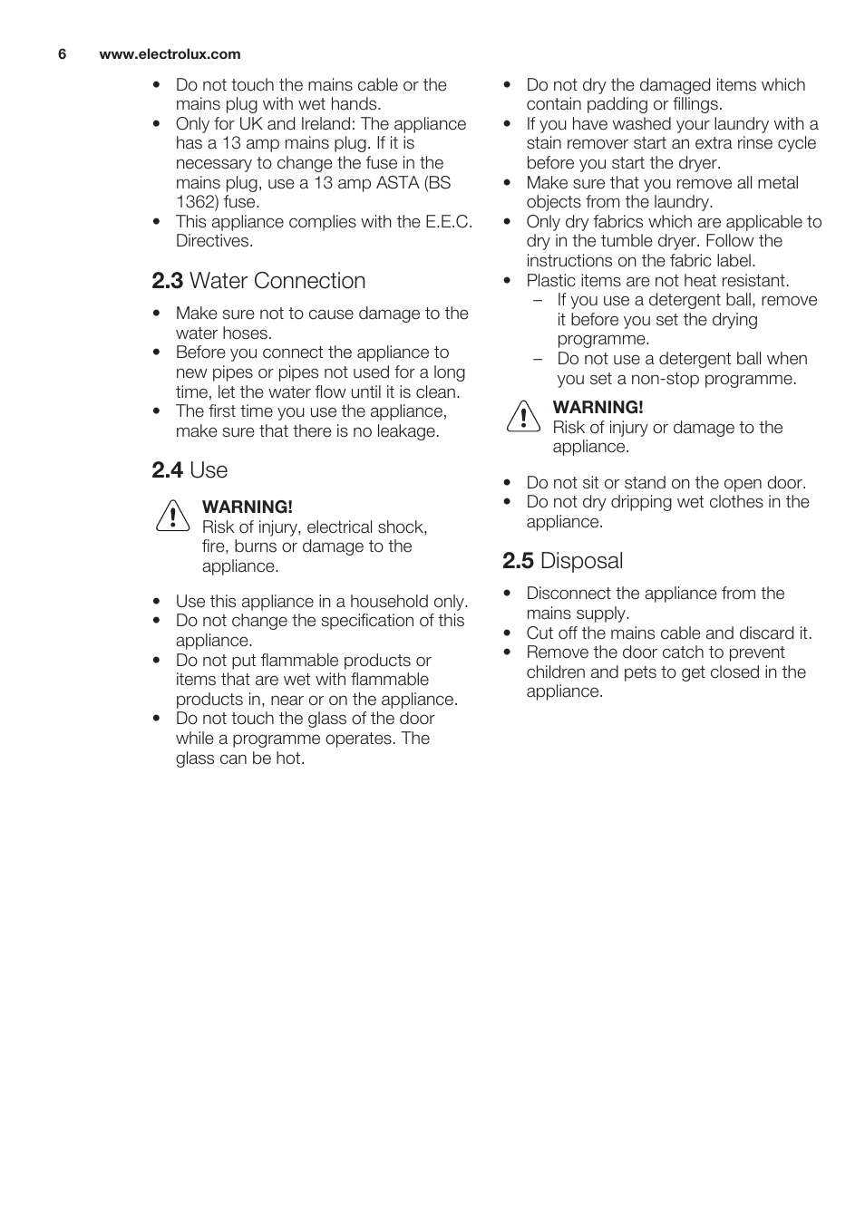 3 water connection, 4 use, 5 disposal | Electrolux EWW1486HDW User Manual | Page 6 / 64