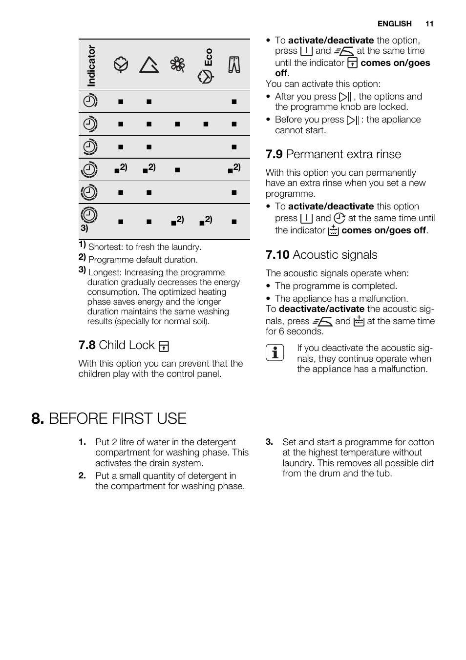 Before first use, 8 child lock, 9 permanent extra rinse | 10 acoustic signals | Electrolux EWF1476GDW User Manual | Page 11 / 48