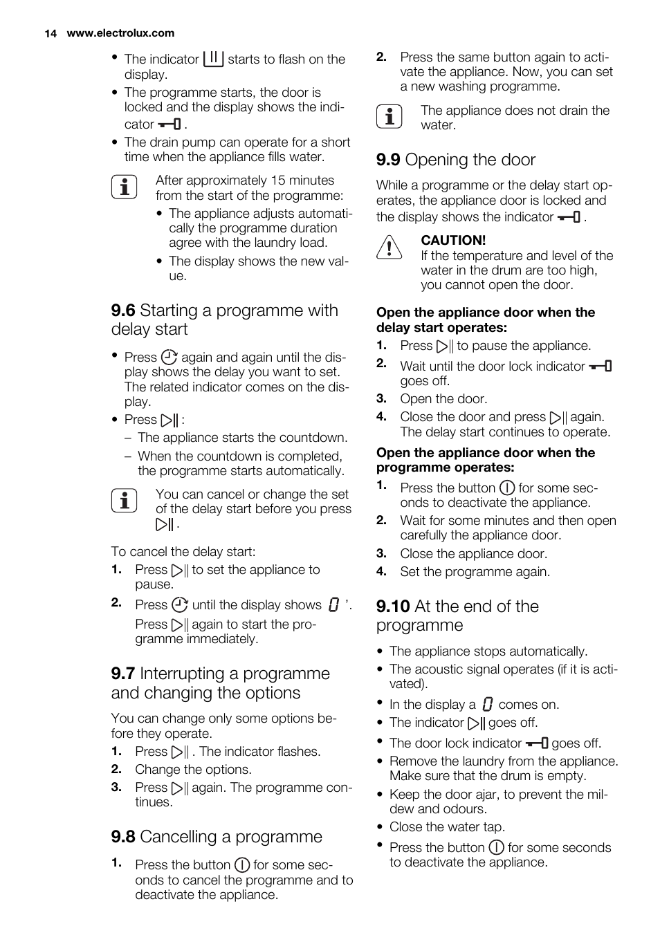 6 starting a programme with delay start, 8 cancelling a programme, 9 opening the door | 10 at the end of the programme | Electrolux EWF1476GDW User Manual | Page 14 / 48