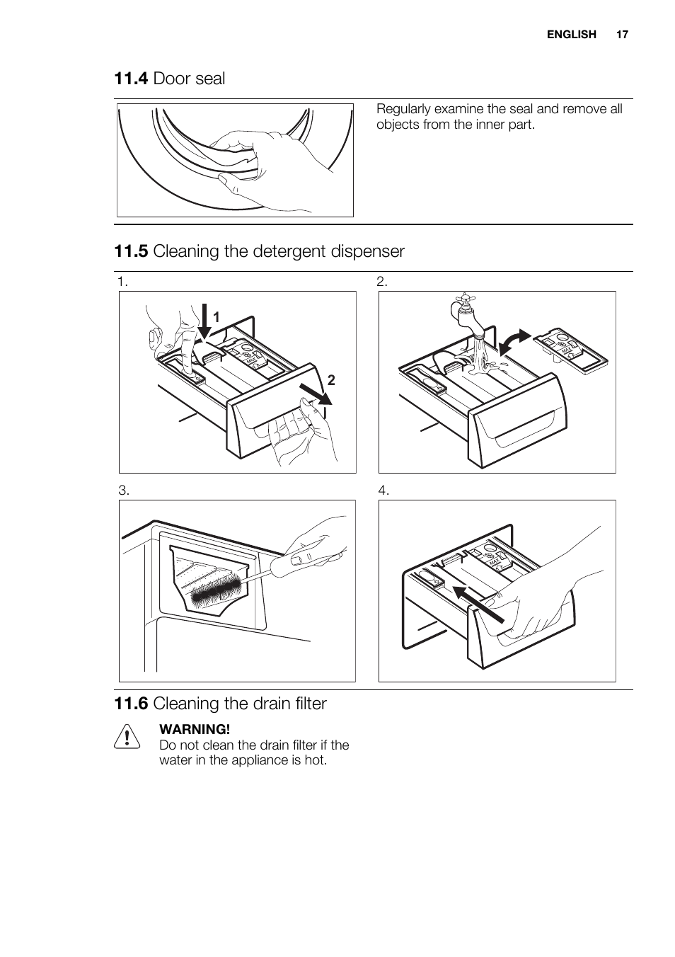 4 door seal, 5 cleaning the detergent dispenser, 6 cleaning the drain filter | Electrolux EWF1476GDW User Manual | Page 17 / 48