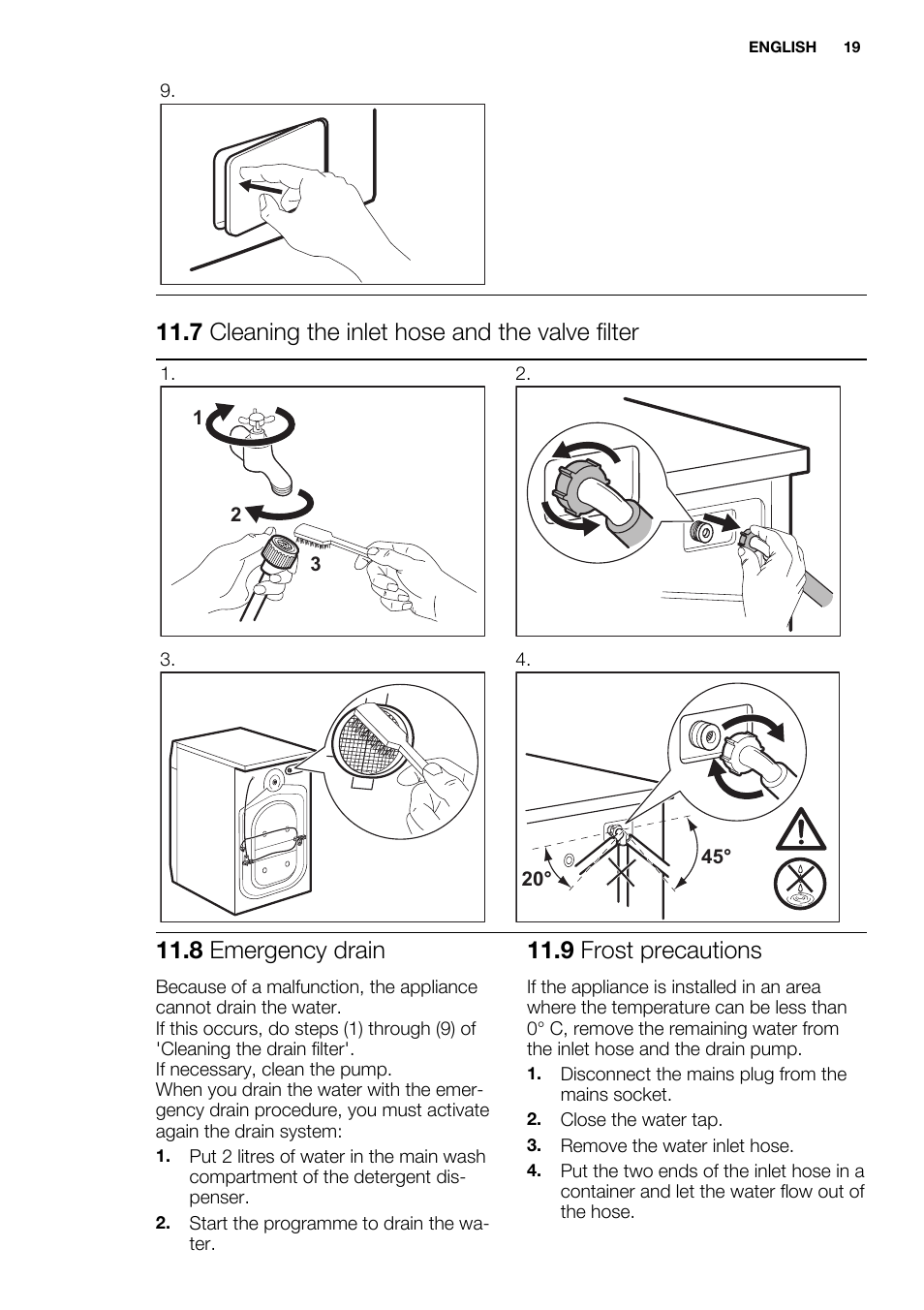 7 cleaning the inlet hose and the valve filter, 8 emergency drain, 9 frost precautions | Electrolux EWF1476GDW User Manual | Page 19 / 48