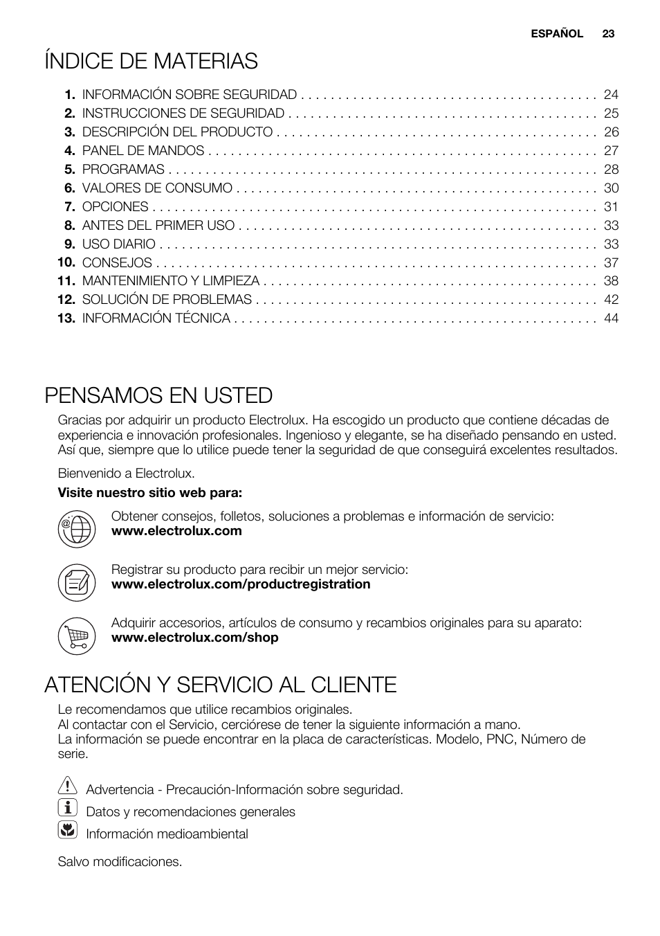 Índice de materias, Pensamos en usted, Atención y servicio al cliente | Electrolux EWF1476GDW User Manual | Page 23 / 48