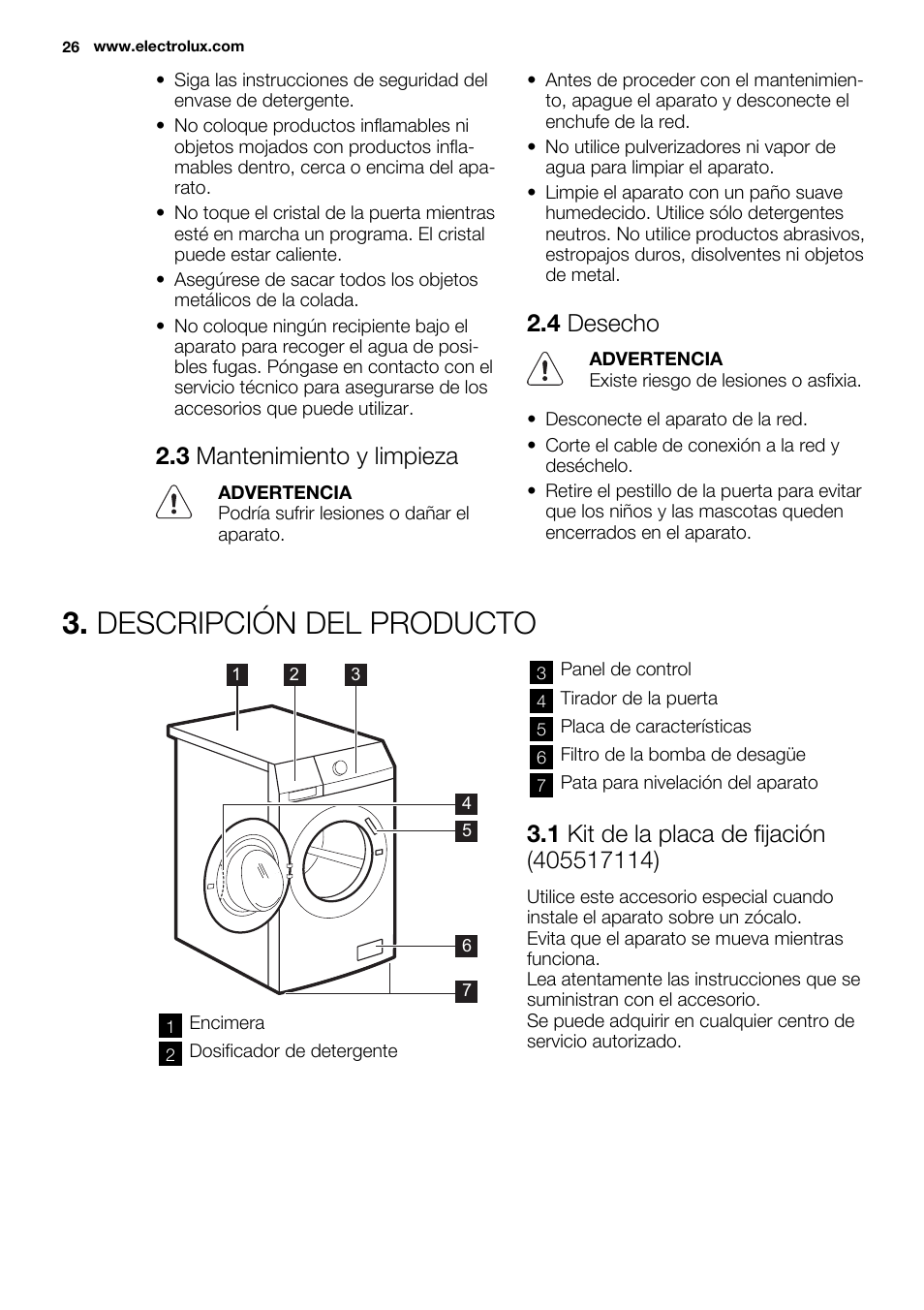 Descripción del producto, 3 mantenimiento y limpieza, 4 desecho | Electrolux EWF1476GDW User Manual | Page 26 / 48