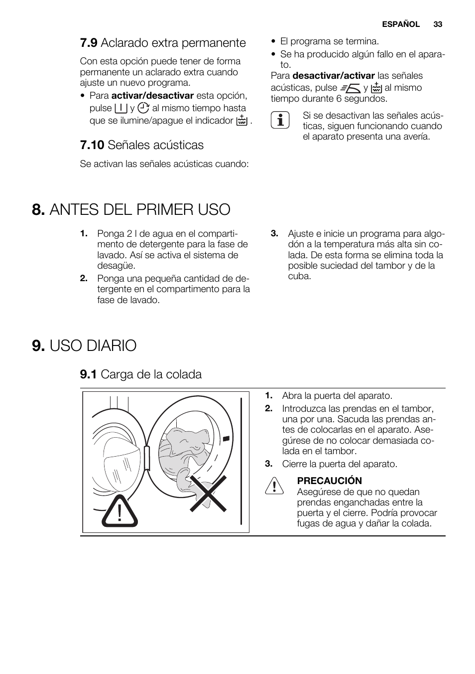 Antes del primer uso, Uso diario, 9 aclarado extra permanente | 10 señales acústicas, 1 carga de la colada | Electrolux EWF1476GDW User Manual | Page 33 / 48