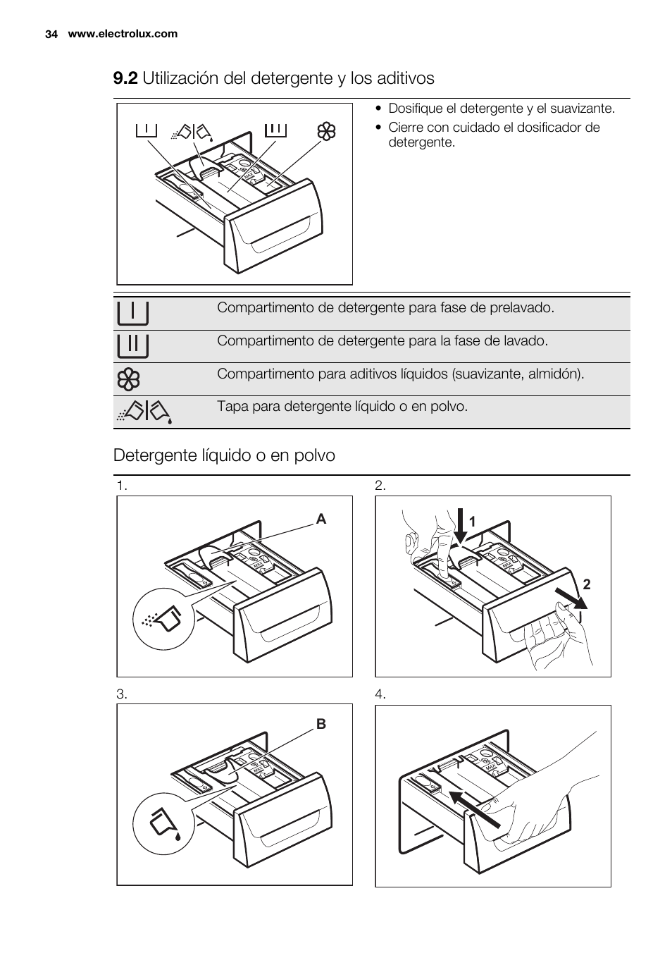 2 utilización del detergente y los aditivos, Detergente líquido o en polvo | Electrolux EWF1476GDW User Manual | Page 34 / 48