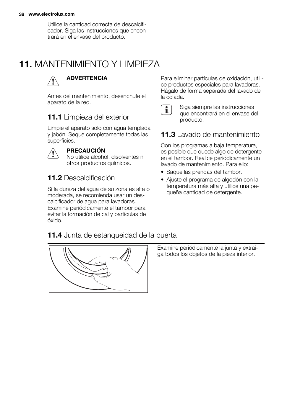 Mantenimiento y limpieza | Electrolux EWF1476GDW User Manual | Page 38 / 48