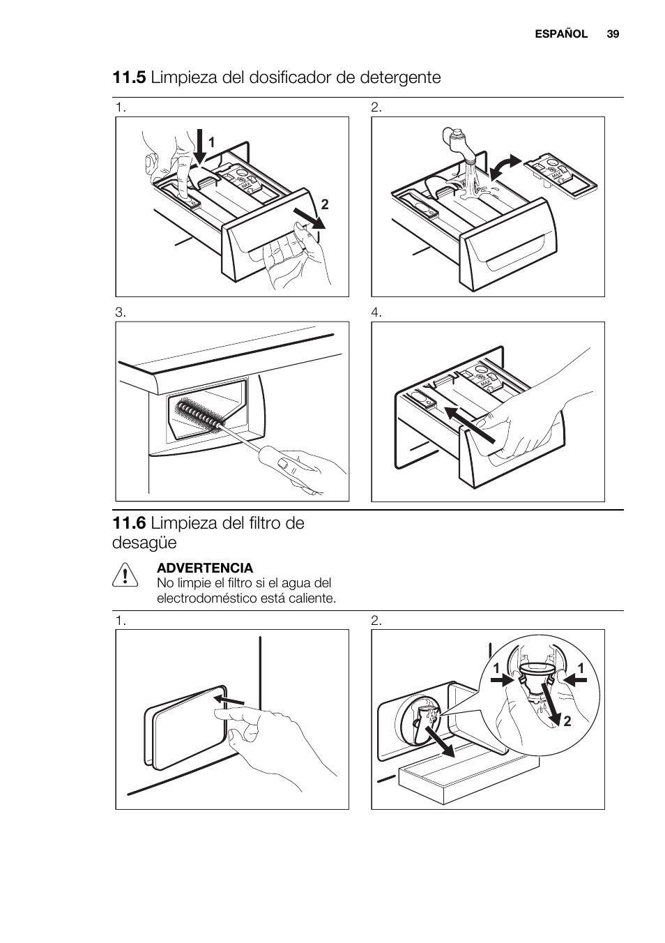 5 limpieza del dosificador de detergente, 6 limpieza del filtro de desagüe | Electrolux EWF1476GDW User Manual | Page 39 / 48