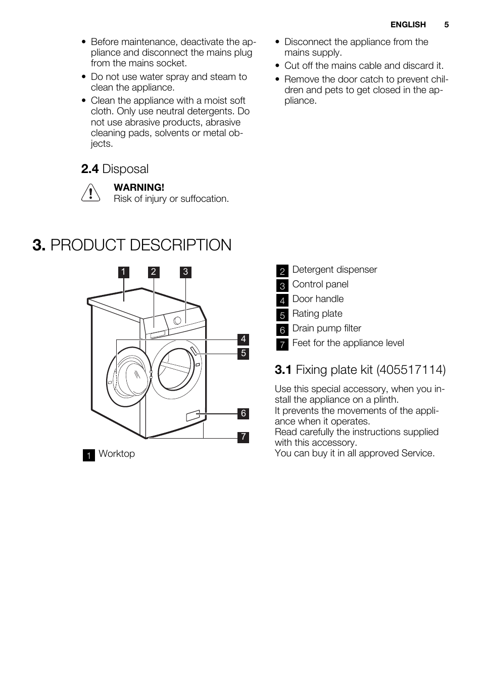 Product description, 4 disposal | Electrolux EWF1476GDW User Manual | Page 5 / 48