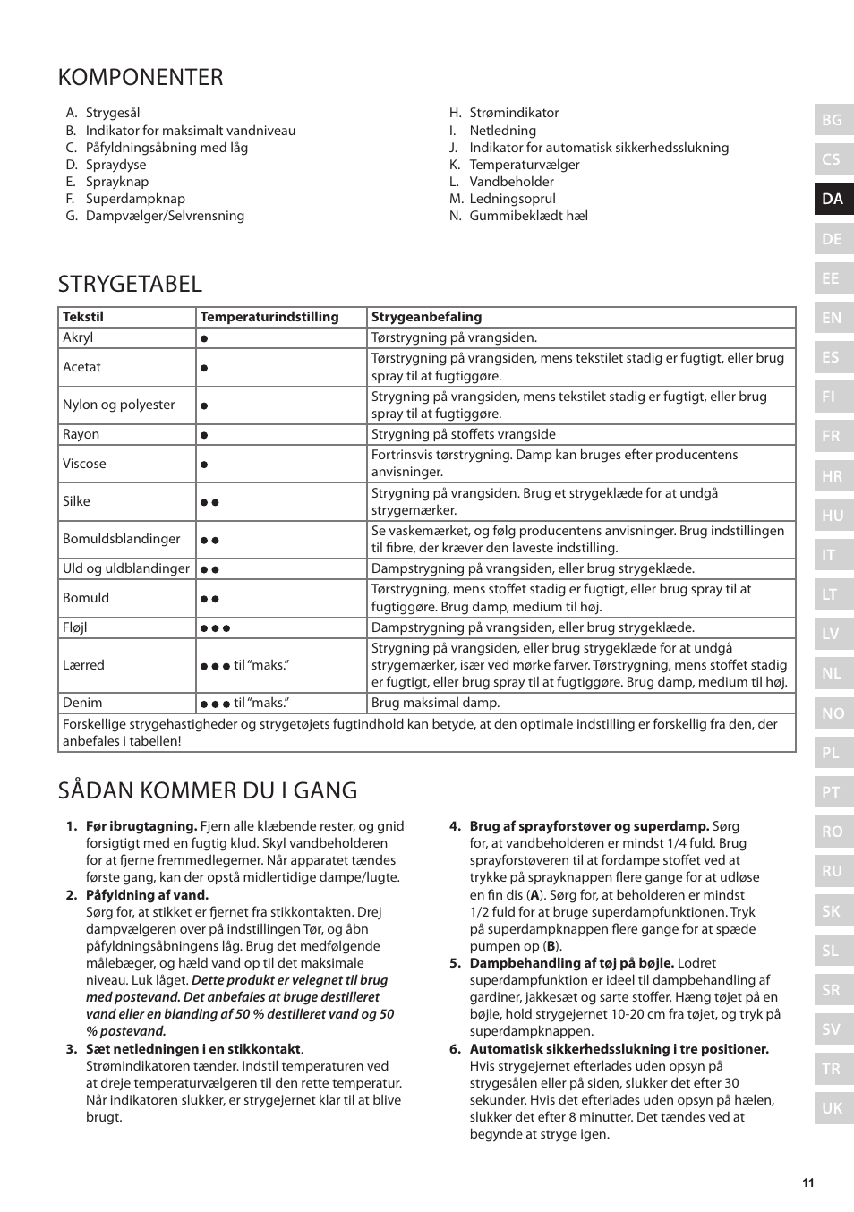 Komponenter, Strygetabel, Sådan kommer du i gang | Electrolux EDB5220 User Manual | Page 11 / 84