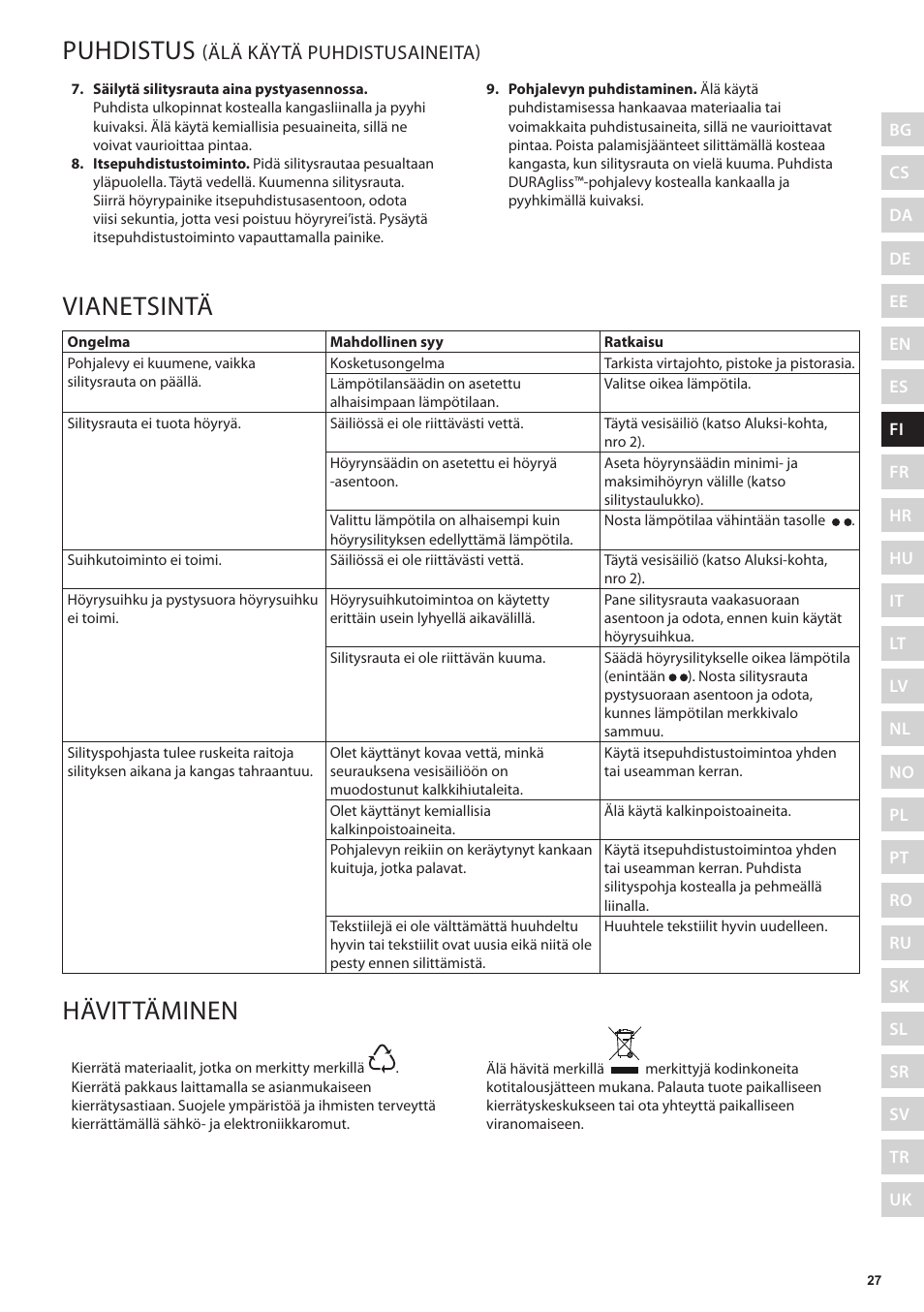 Puhdistus, Vianetsintä, Hävittäminen | Älä käytä puhdistusaineita) | Electrolux EDB5220 User Manual | Page 27 / 84