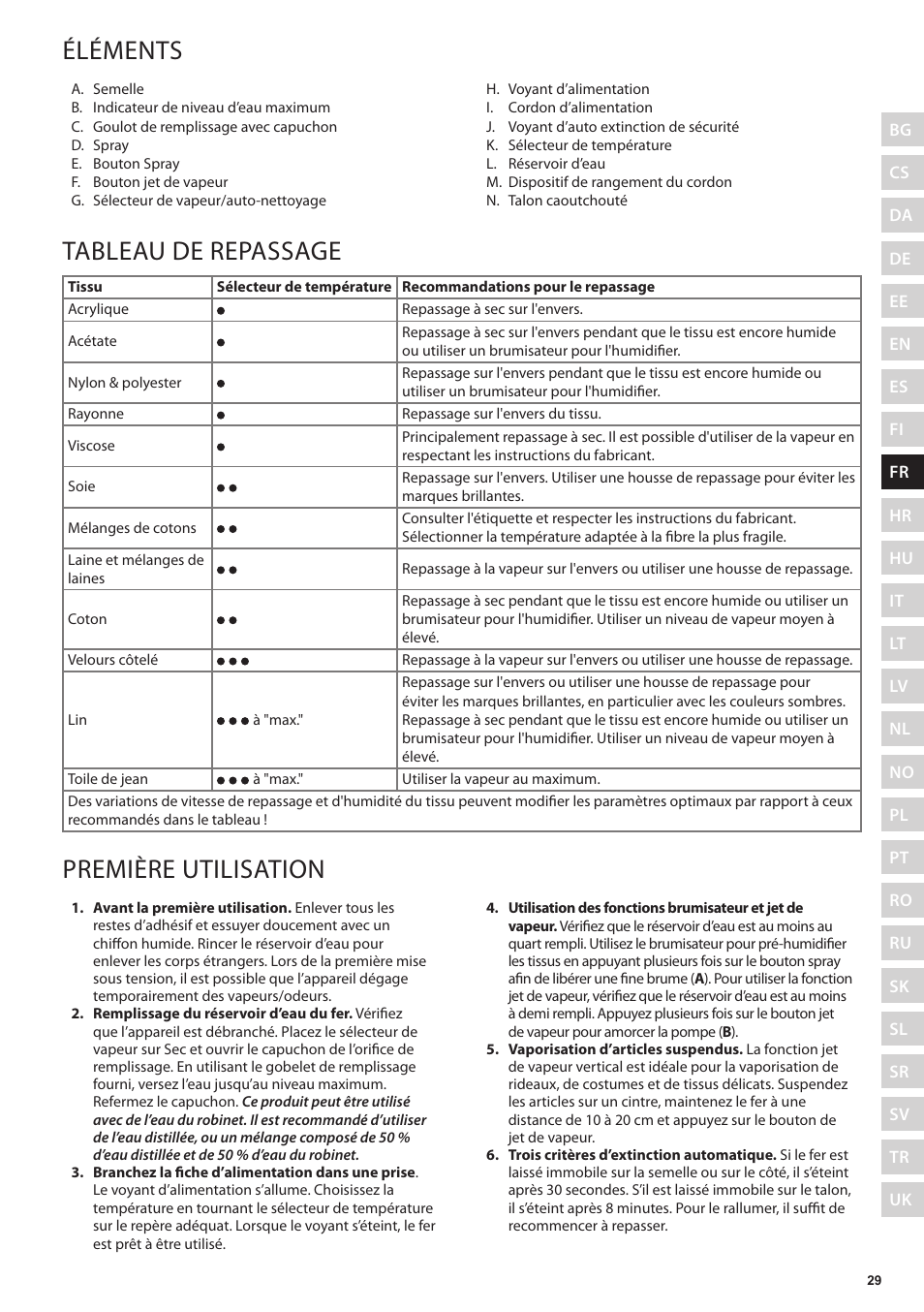 Éléments, Tableau de repassage, Première utilisation | Electrolux EDB5220 User Manual | Page 29 / 84