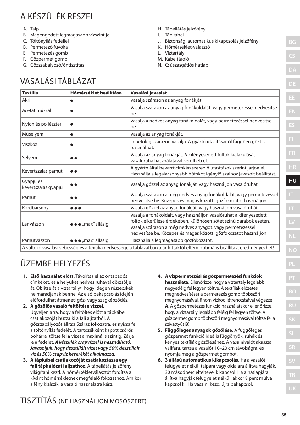 A készülék részei, Vasalási táblázat, Üzembe helyezés | Tisztítás, Ne használjon mosószert) | Electrolux EDB5220 User Manual | Page 35 / 84