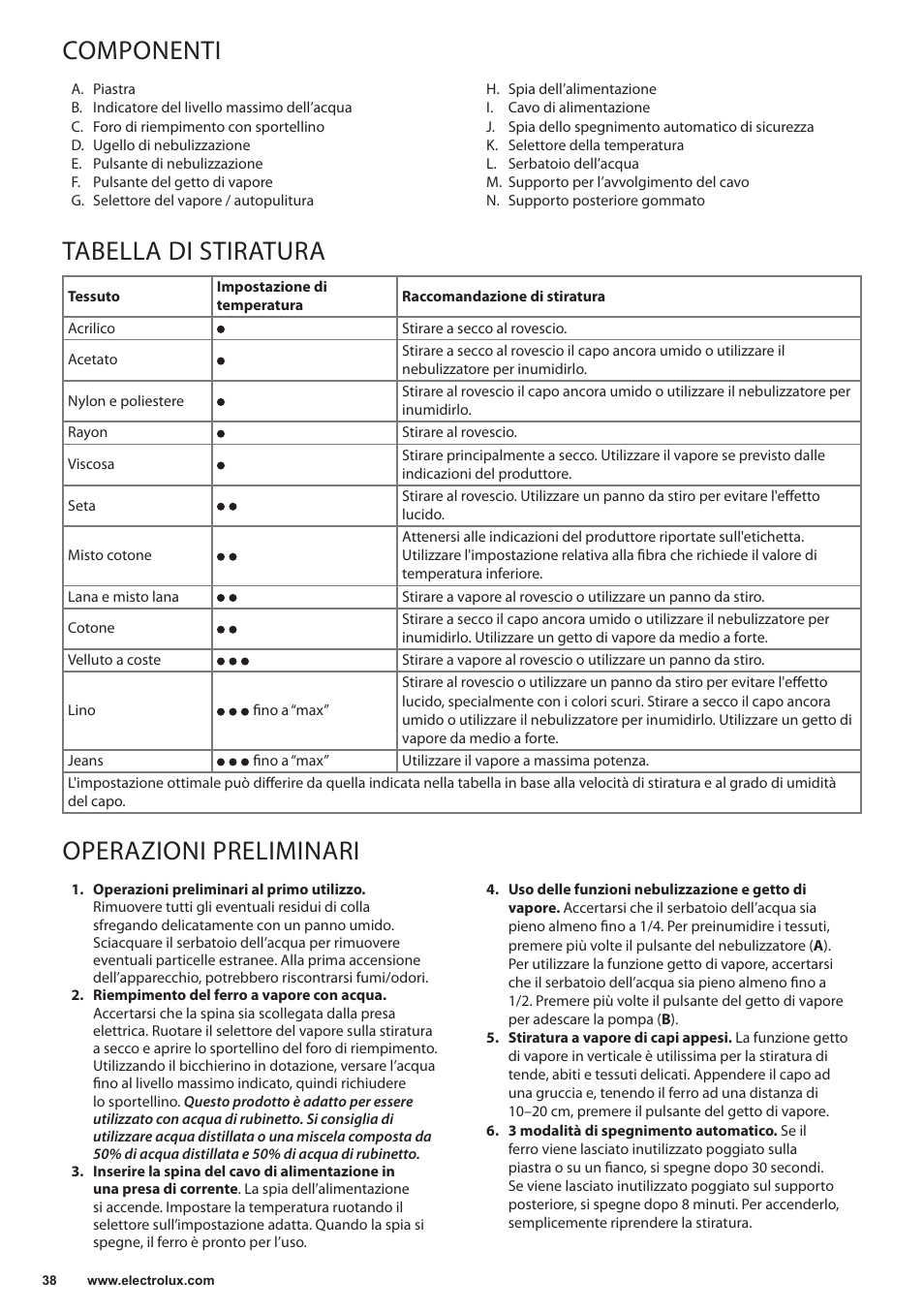 Componenti, Tabella di stiratura, Operazioni preliminari | Electrolux EDB5220 User Manual | Page 38 / 84