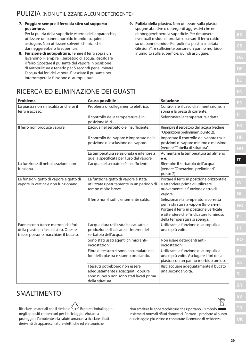 Pulizia, Ricerca ed eliminazione dei guasti, Smaltimento | Non utilizzare alcun detergente) | Electrolux EDB5220 User Manual | Page 39 / 84