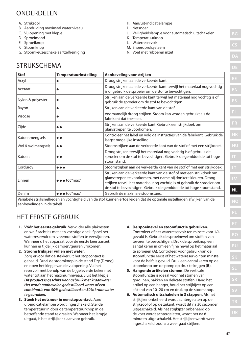 Onderdelen, Strijkschema, Het eerste gebruik | Electrolux EDB5220 User Manual | Page 47 / 84
