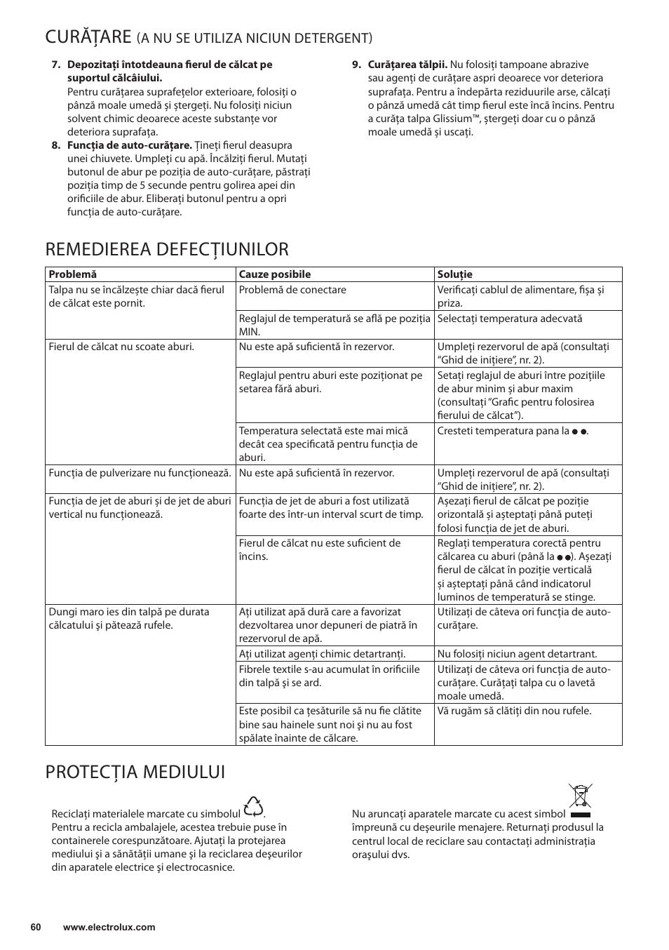 Curățare, Remedierea defecţiunilor, Protecţia mediului | A nu se utiliza niciun detergent) | Electrolux EDB5220 User Manual | Page 60 / 84