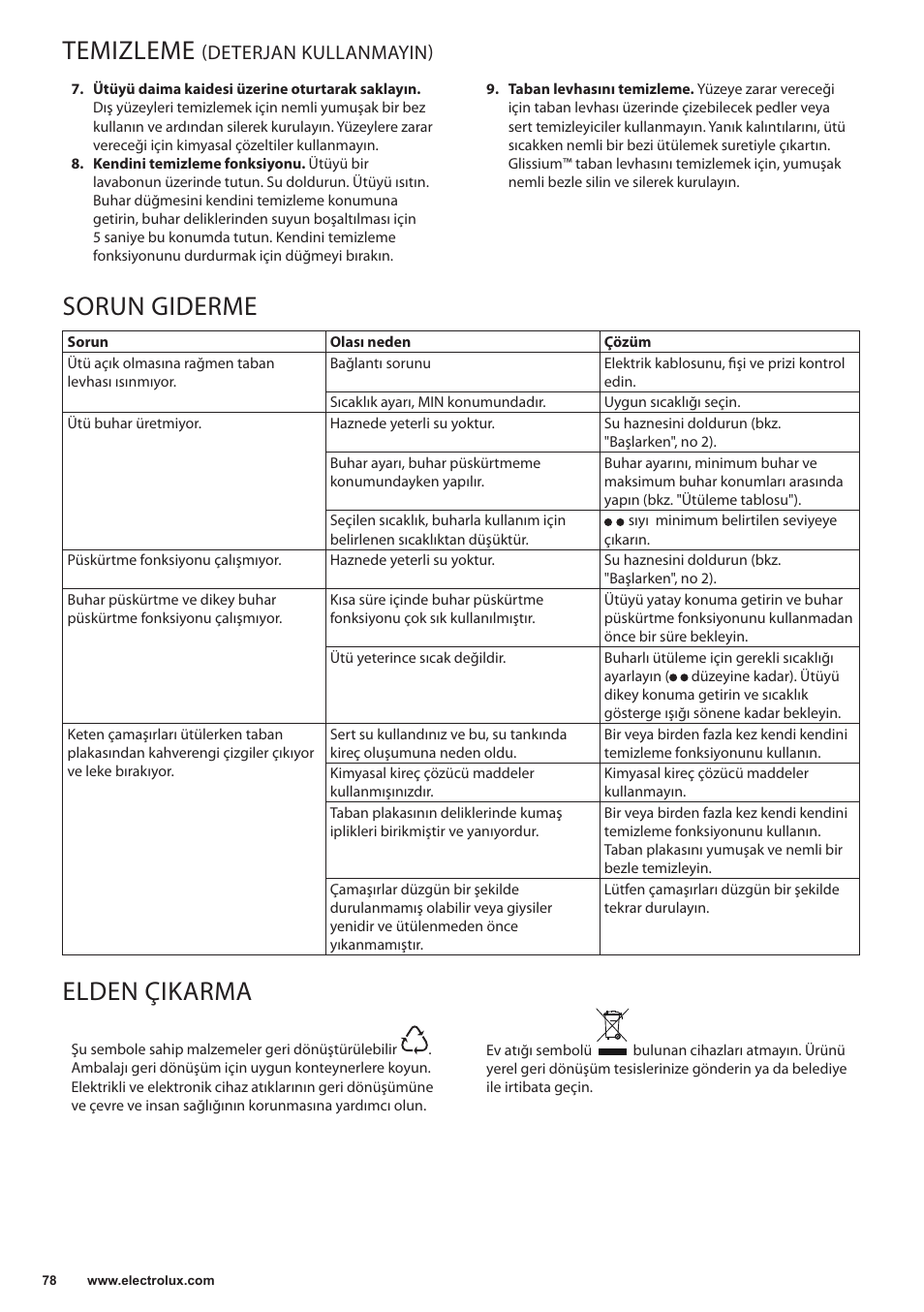 Temizleme, Sorun giderme, Elden çikarma | Deterjan kullanmayin) | Electrolux EDB5220 User Manual | Page 78 / 84