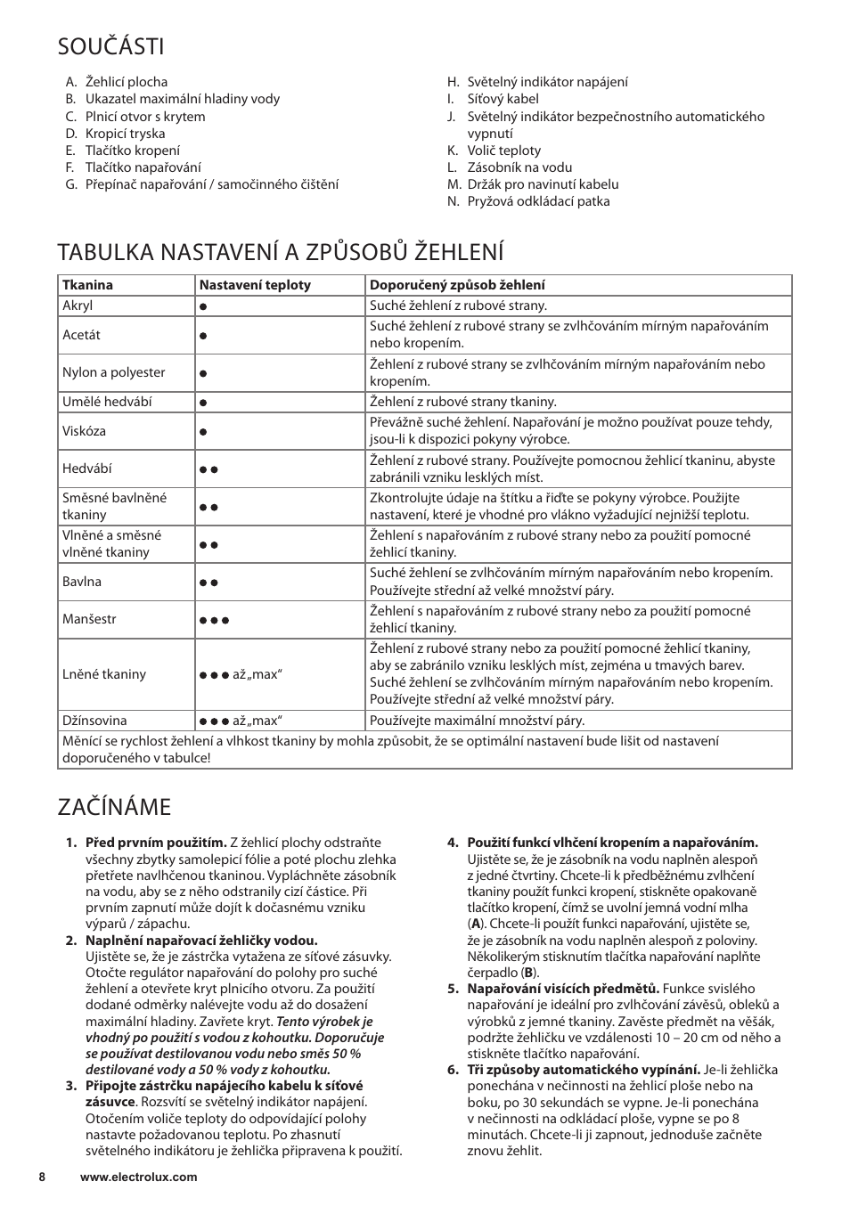 Součásti, Tabulka nastavení a způsobů žehlení, Začínáme | Electrolux EDB5220 User Manual | Page 8 / 84