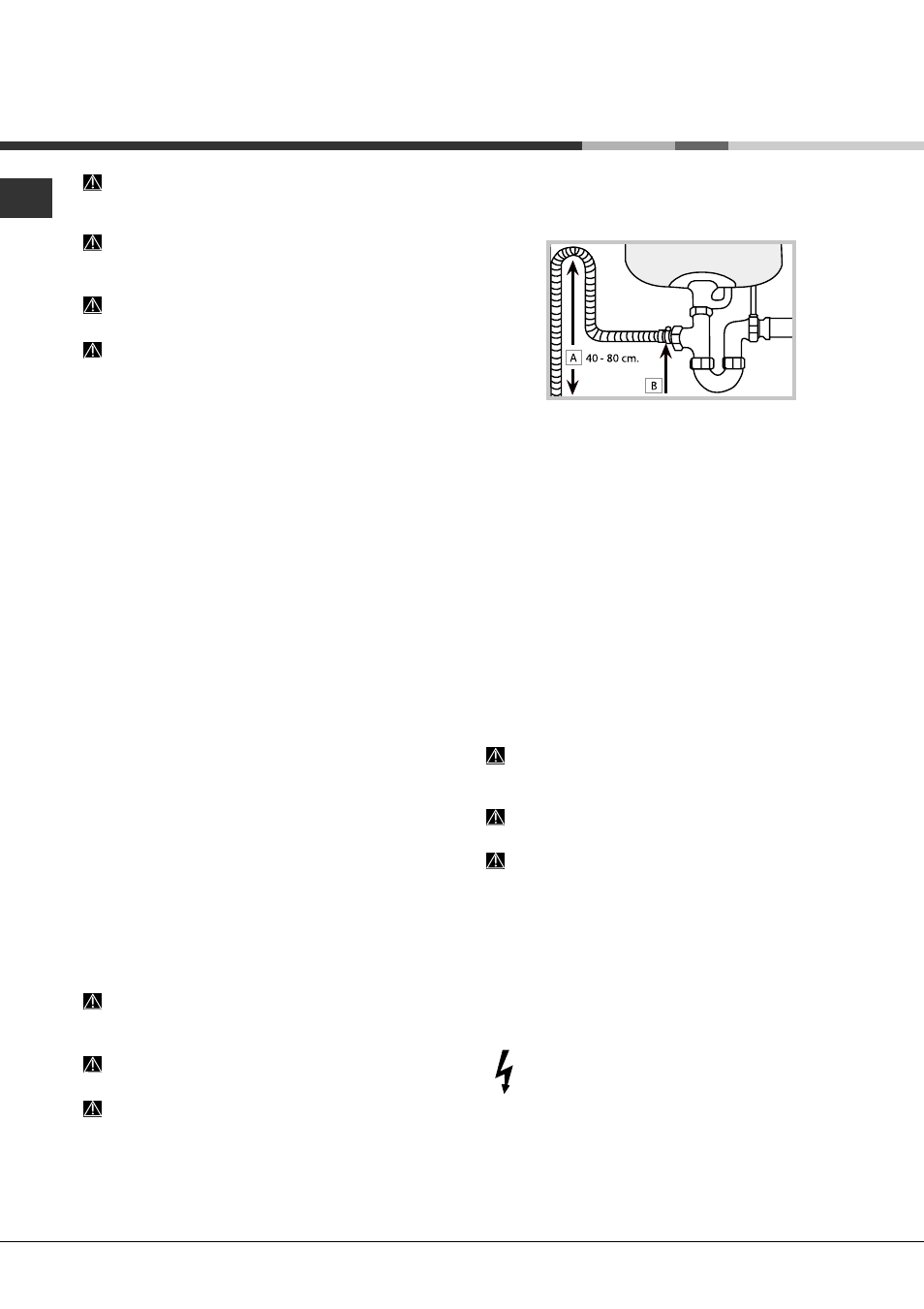 Installatie, Plaatsing en waterpas zetten, Hydraulische en elektrische aansluitingen | Hotpoint Ariston LDF 12314E B EU User Manual | Page 38 / 84