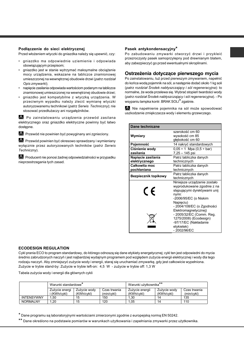 Ostrzeżenia dotyczące pierwszego mycia | Hotpoint Ariston LDF 12314E B EU User Manual | Page 75 / 84