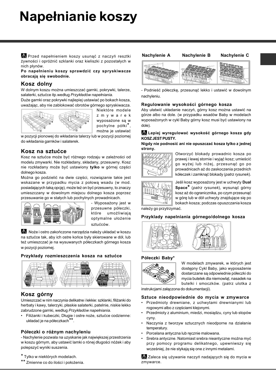 Napełnianie koszy, Kosz dolny, Kosz na sztućce | Kosz górny | Hotpoint Ariston LDF 12314E B EU User Manual | Page 77 / 84