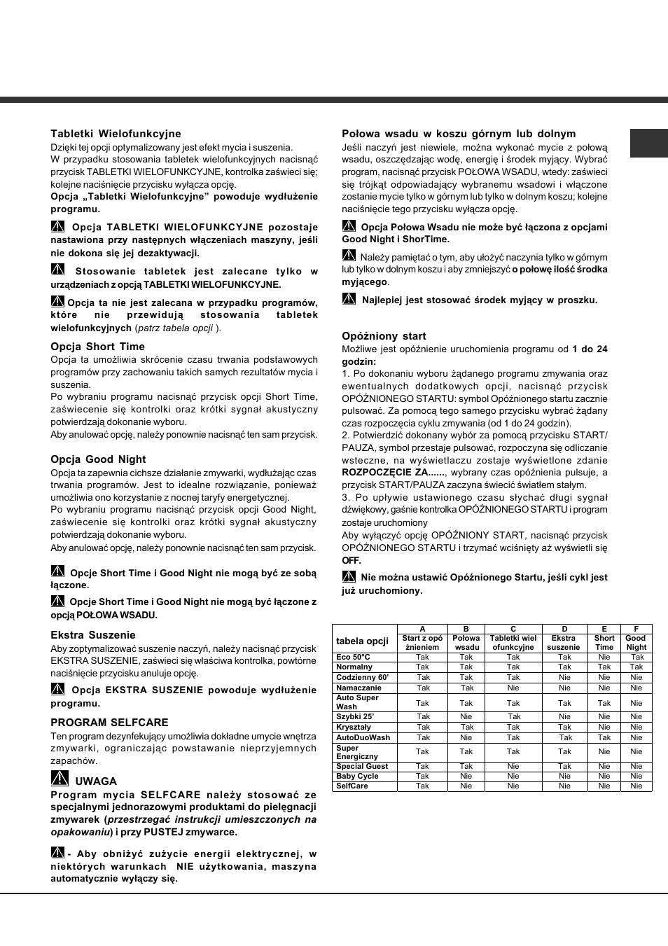 Tabletki wielofunkcyjne, Opcja short time, Opcja good night | Ekstra suszenie, Program selfcare, Uwaga, Połowa wsadu w koszu górnym lub dolnym, Opóźniony start | Hotpoint Ariston LDF 12314E B EU User Manual | Page 79 / 84
