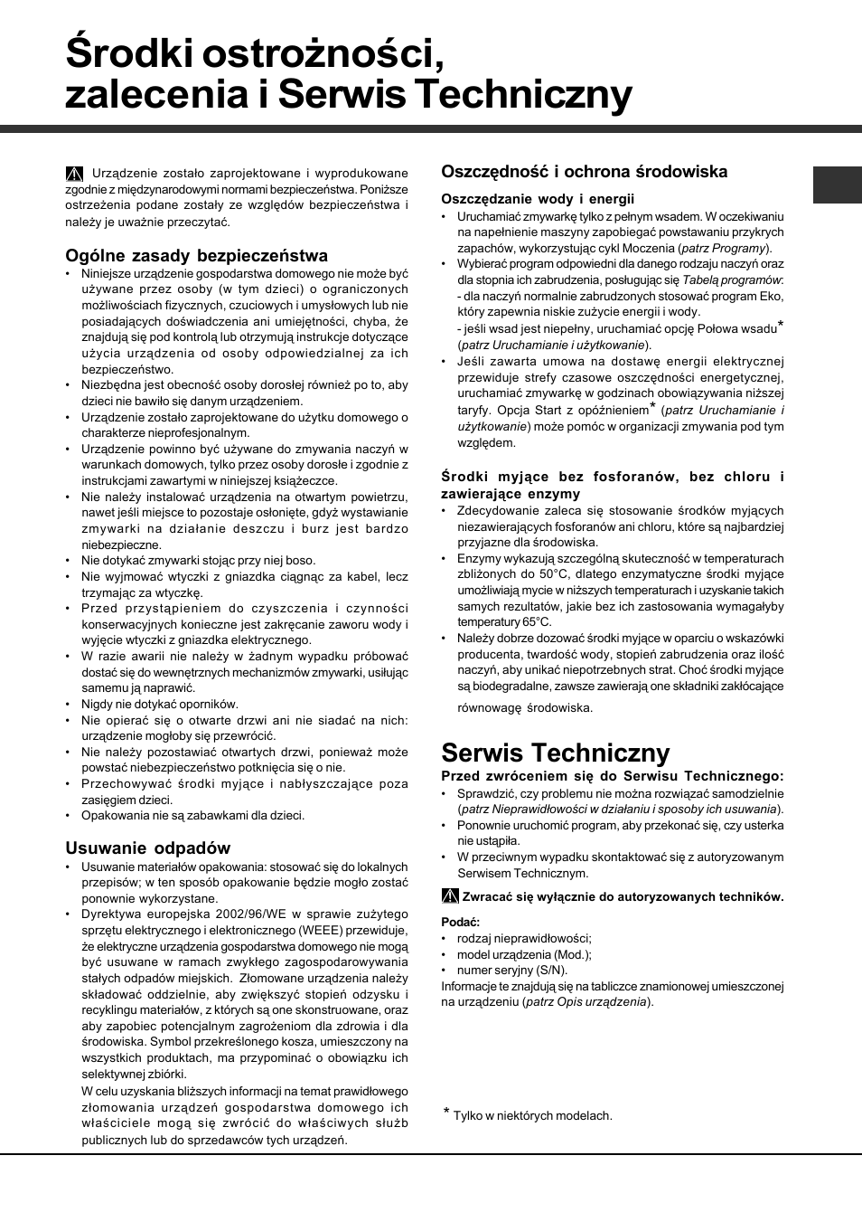 Środki ostrożności, zalecenia i serwis techniczny, Serwis techniczny, Ogólne zasady bezpieczeństwa | Usuwanie odpadów, Oszczędność i ochrona środowiska | Hotpoint Ariston LDF 12314E B EU User Manual | Page 83 / 84