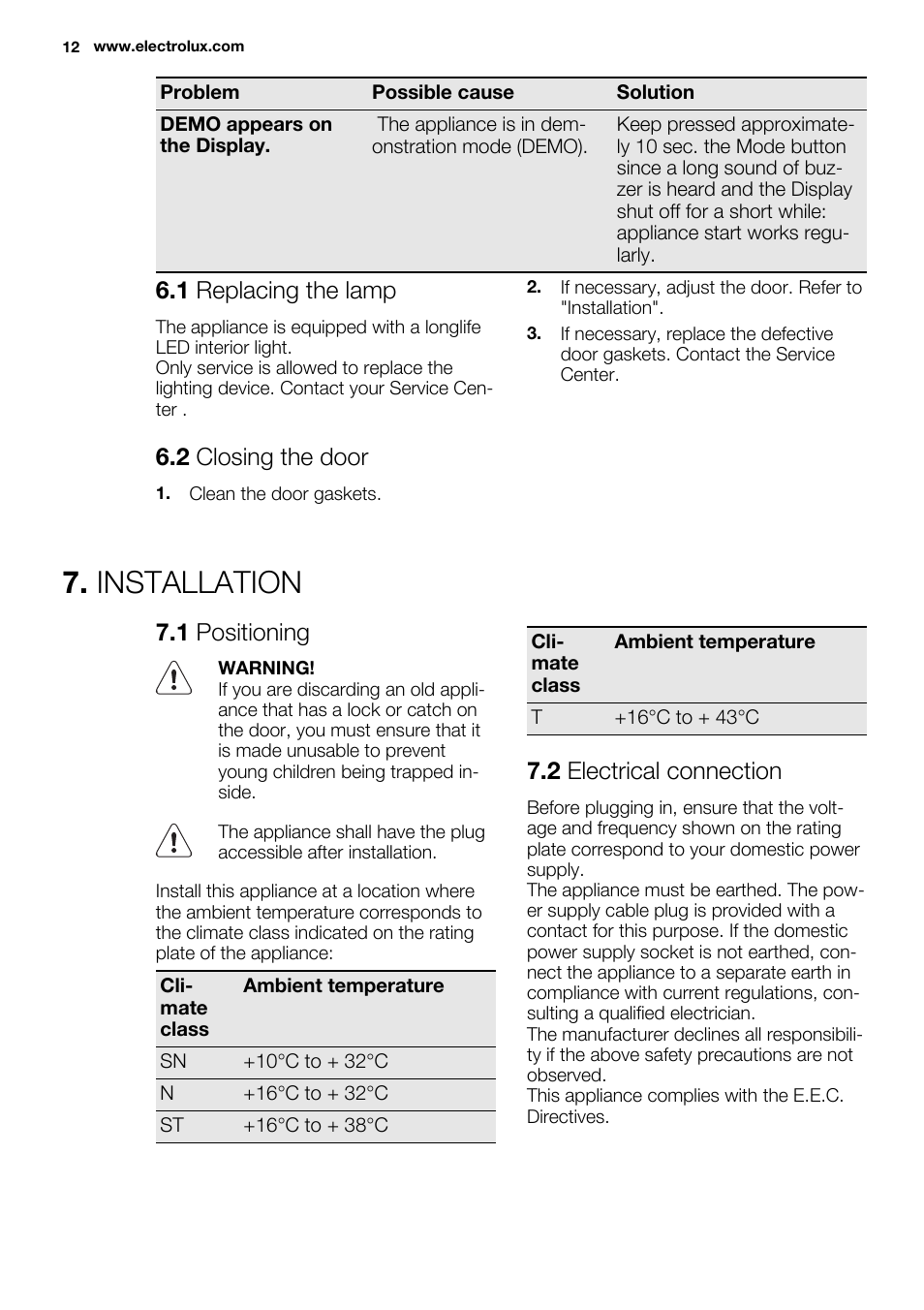 Installation, 1 replacing the lamp, 2 closing the door | 1 positioning, 2 electrical connection | Electrolux ERX3313AOX User Manual | Page 12 / 72