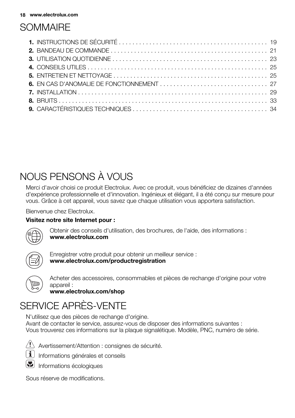 Sommaire, Nous pensons à vous, Service après-vente | Electrolux ERX3313AOX User Manual | Page 18 / 72