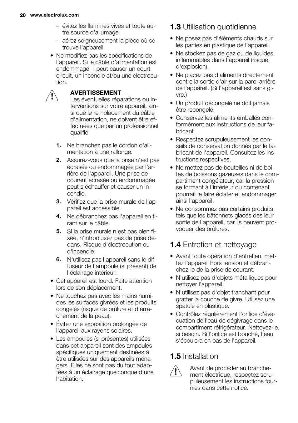 3 utilisation quotidienne, 4 entretien et nettoyage, 5 installation | Electrolux ERX3313AOX User Manual | Page 20 / 72