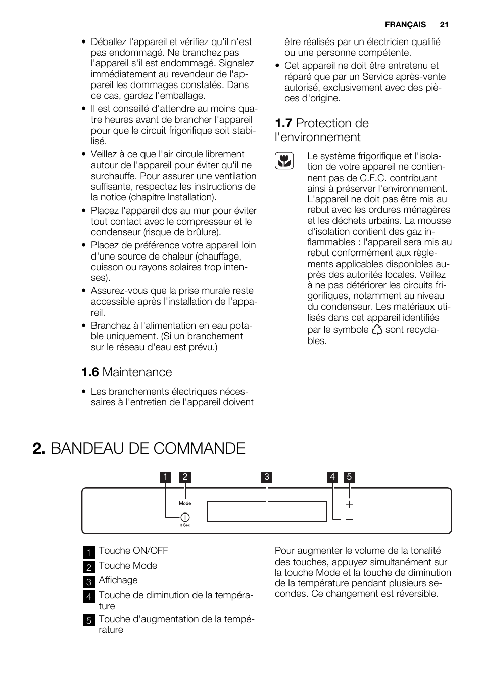 Bandeau de commande, 6 maintenance, 7 protection de l'environnement | Electrolux ERX3313AOX User Manual | Page 21 / 72