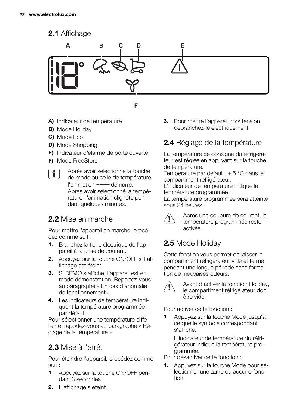 1 affichage, 2 mise en marche, 3 mise à l'arrêt | 4 réglage de la température, 5 mode holiday | Electrolux ERX3313AOX User Manual | Page 22 / 72