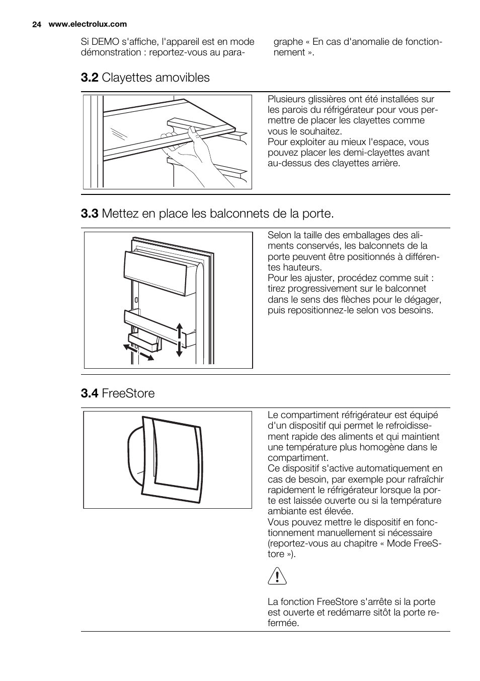 2 clayettes amovibles, 3 mettez en place les balconnets de la porte, 4 freestore | Electrolux ERX3313AOX User Manual | Page 24 / 72
