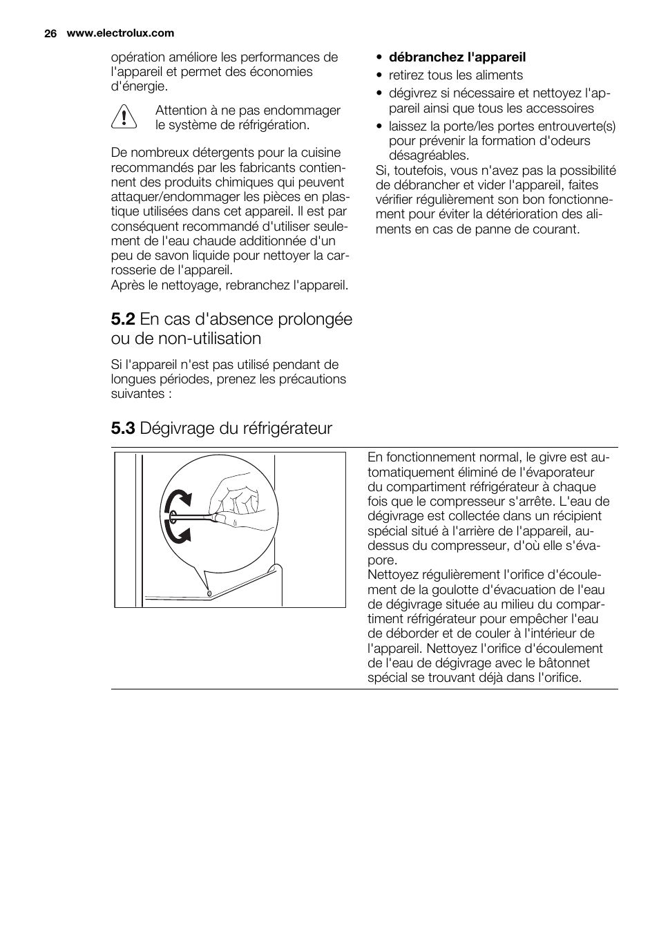 2 en cas d'absence prolongée ou de non-utilisation, 3 dégivrage du réfrigérateur | Electrolux ERX3313AOX User Manual | Page 26 / 72