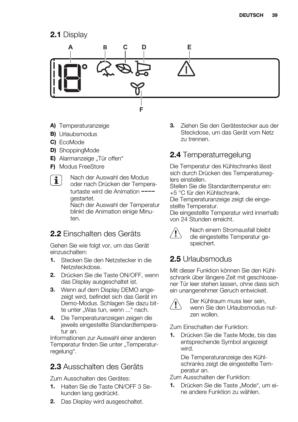 1 display, 2 einschalten des geräts, 3 ausschalten des geräts | 4 temperaturregelung, 5 urlaubsmodus | Electrolux ERX3313AOX User Manual | Page 39 / 72