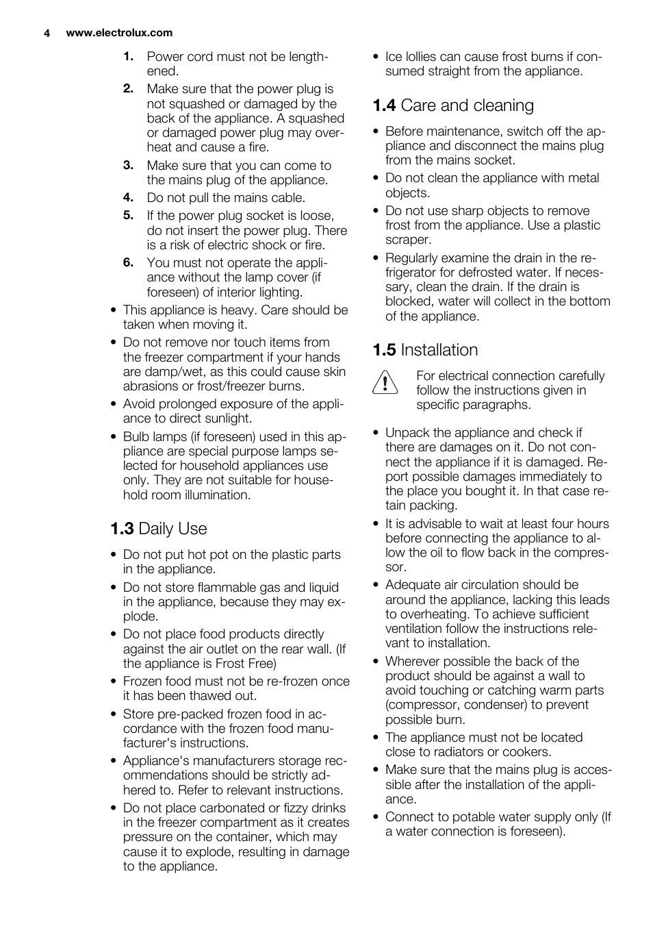 3 daily use, 4 care and cleaning, 5 installation | Electrolux ERX3313AOX User Manual | Page 4 / 72