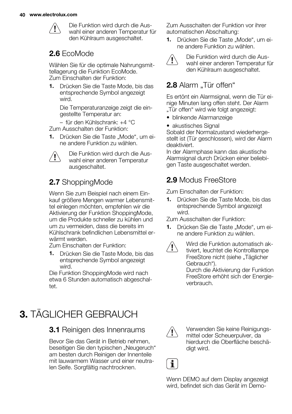 Täglicher gebrauch, 6 ecomode, 7 shoppingmode | 8 alarm „tür offen, 9 modus freestore, 1 reinigen des innenraums | Electrolux ERX3313AOX User Manual | Page 40 / 72