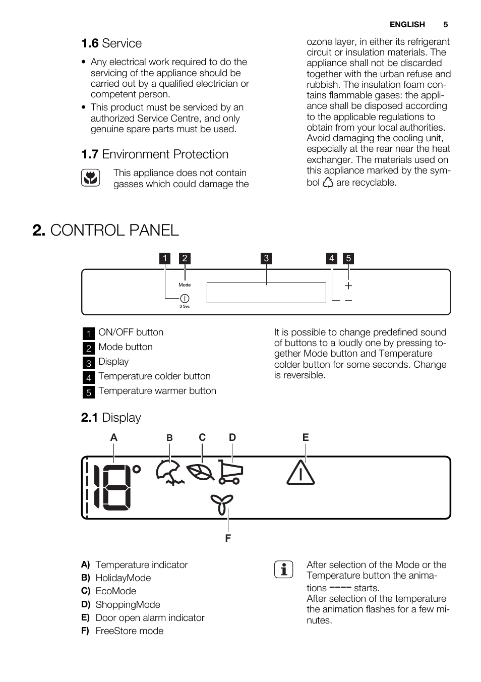 Control panel, 6 service, 7 environment protection | 1 display | Electrolux ERX3313AOX User Manual | Page 5 / 72