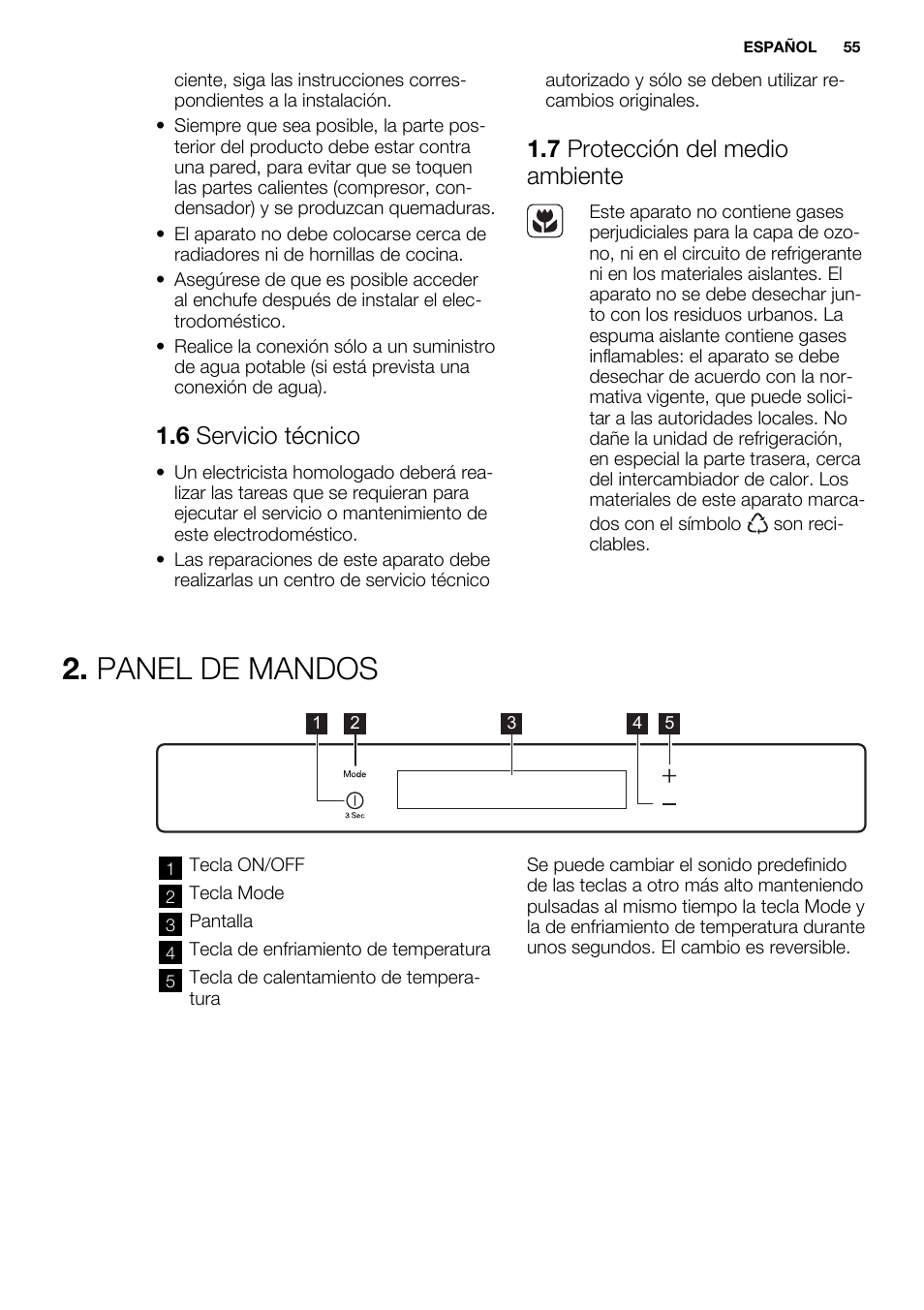 Panel de mandos, 6 servicio técnico, 7 protección del medio ambiente | Electrolux ERX3313AOX User Manual | Page 55 / 72