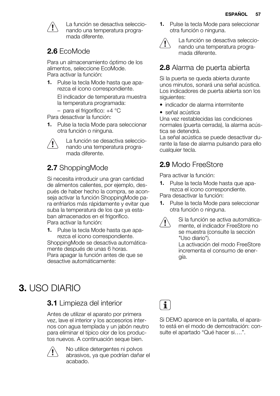 Uso diario, 6 ecomode, 7 shoppingmode | 8 alarma de puerta abierta, 9 modo freestore, 1 limpieza del interior | Electrolux ERX3313AOX User Manual | Page 57 / 72