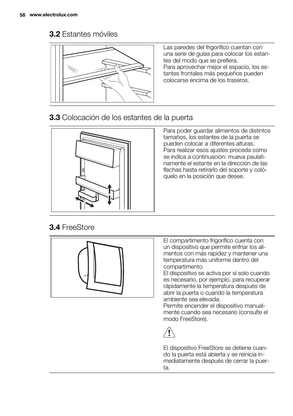 2 estantes móviles, 3 colocación de los estantes de la puerta, 4 freestore | Electrolux ERX3313AOX User Manual | Page 58 / 72