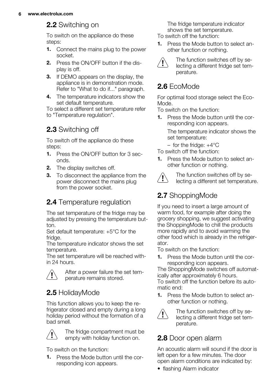 2 switching on, 3 switching off, 4 temperature regulation | 5 holidaymode, 6 ecomode, 7 shoppingmode, 8 door open alarm | Electrolux ERX3313AOX User Manual | Page 6 / 72