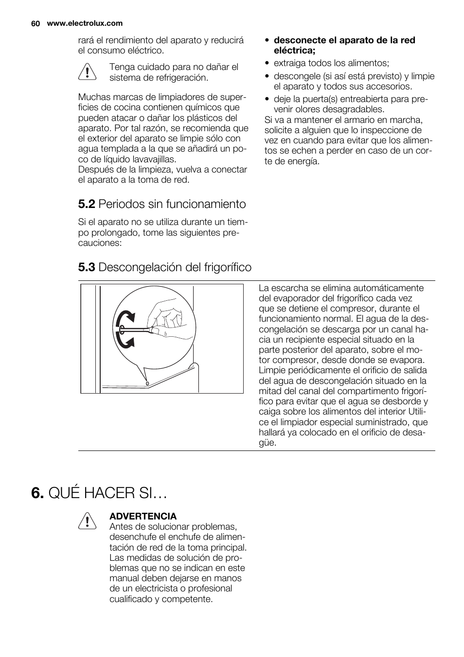 Qué hacer si, 2 periodos sin funcionamiento, 3 descongelación del frigorífico | Electrolux ERX3313AOX User Manual | Page 60 / 72