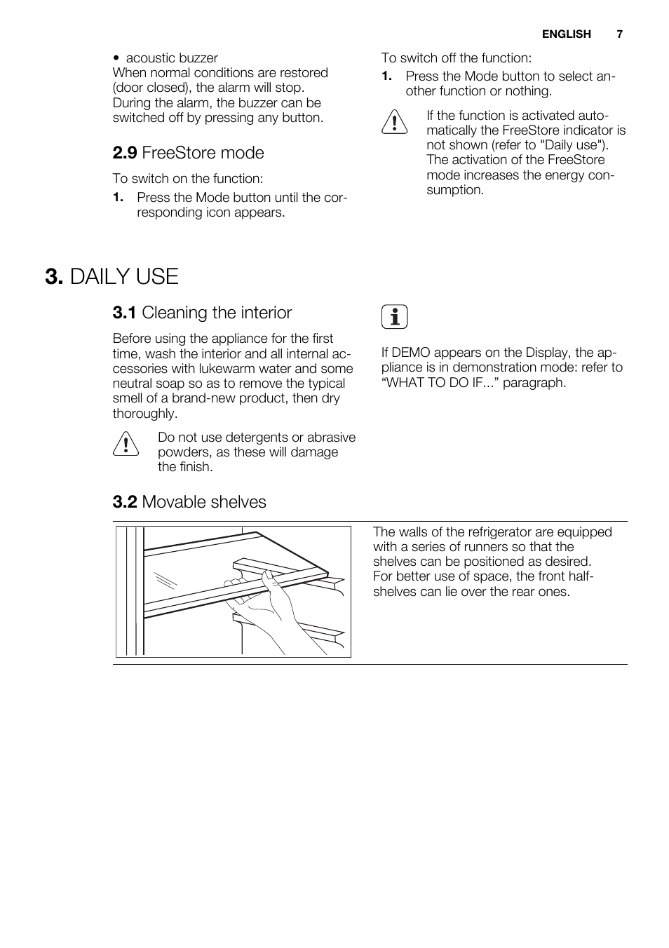 Daily use, 9 freestore mode, 1 cleaning the interior | 2 movable shelves | Electrolux ERX3313AOX User Manual | Page 7 / 72