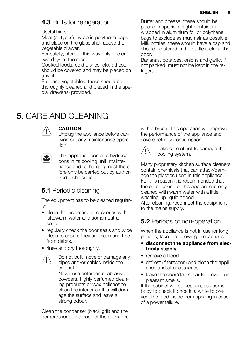 Care and cleaning, 3 hints for refrigeration, 1 periodic cleaning | 2 periods of non-operation | Electrolux ERX3313AOX User Manual | Page 9 / 72