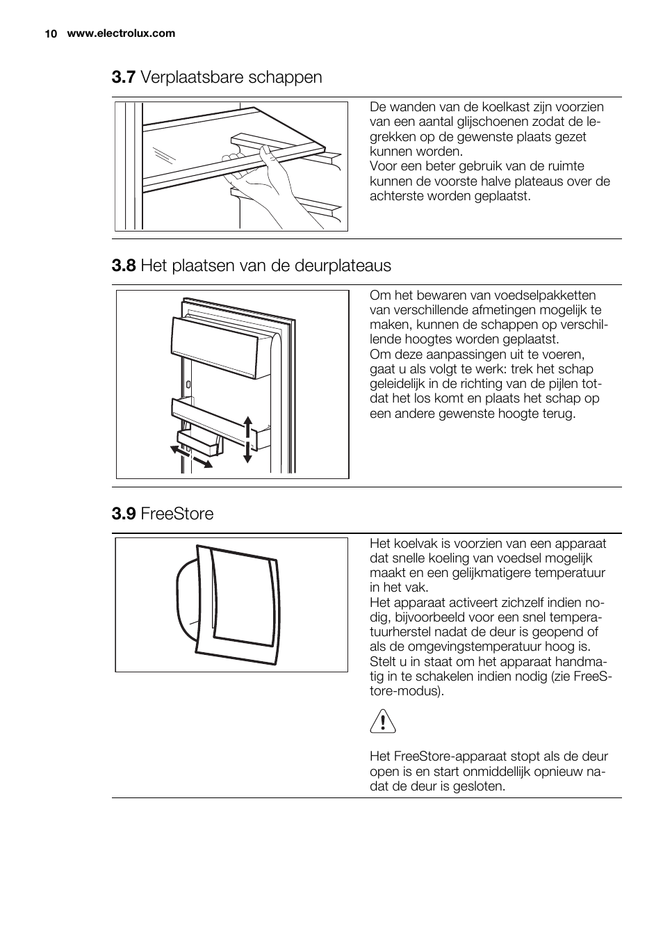 7 verplaatsbare schappen, 8 het plaatsen van de deurplateaus, 9 freestore | Electrolux ENG2917AOW User Manual | Page 10 / 92