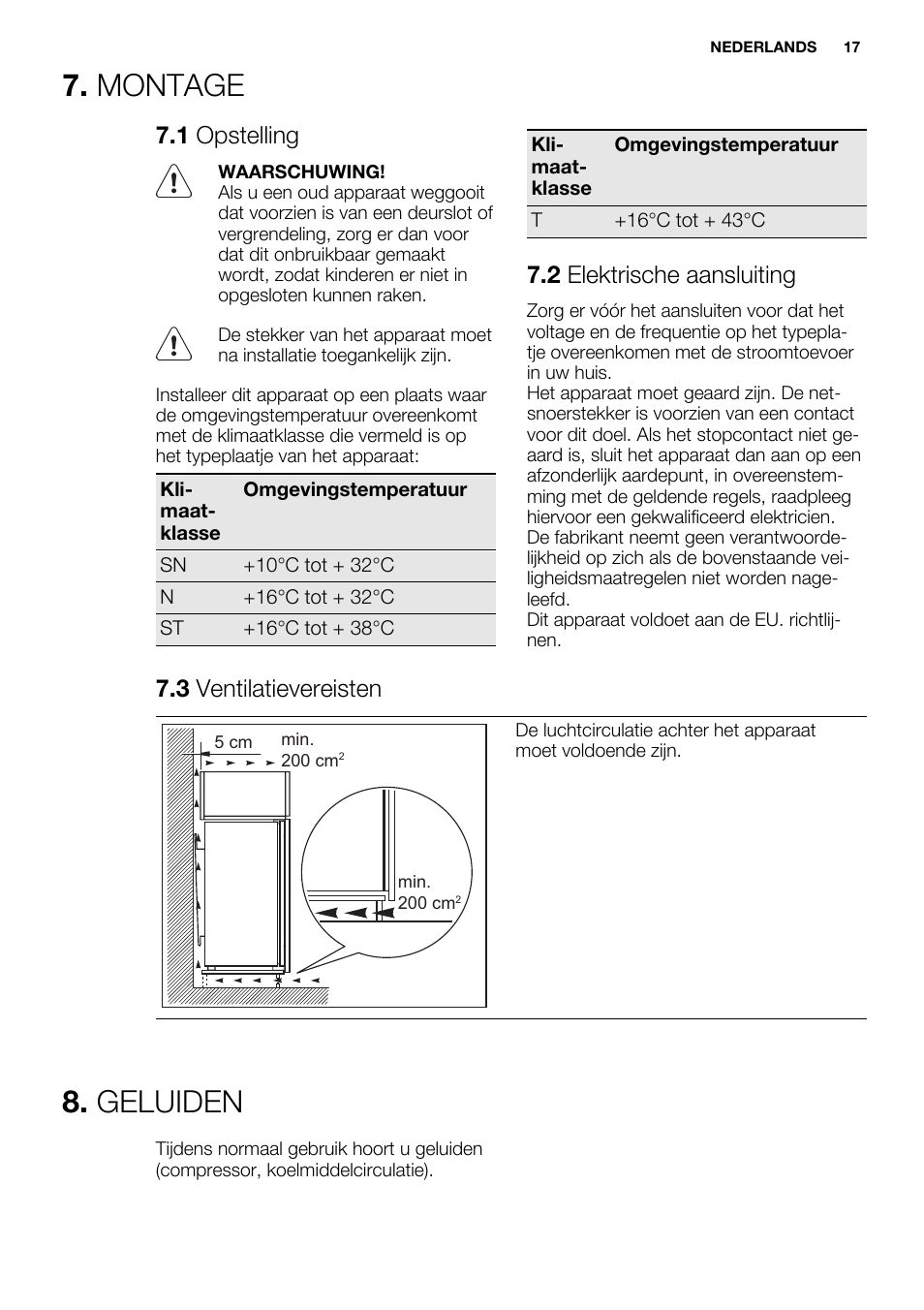 Montage, Geluiden, 1 opstelling | 2 elektrische aansluiting, 3 ventilatievereisten | Electrolux ENG2917AOW User Manual | Page 17 / 92