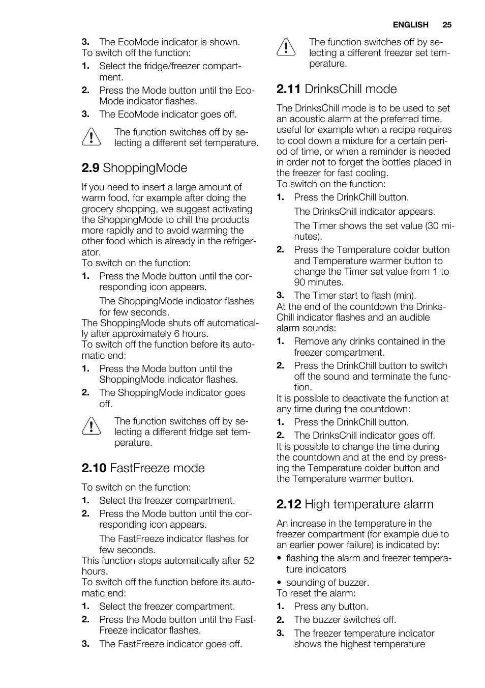 9 shoppingmode, 10 fastfreeze mode, 11 drinkschill mode | 12 high temperature alarm | Electrolux ENG2917AOW User Manual | Page 25 / 92